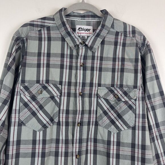 Plugg Mens Button Up Shirt XL Green Gray Long Sleeve Plaid Chest Flap Pockets - Picture 2 of 8